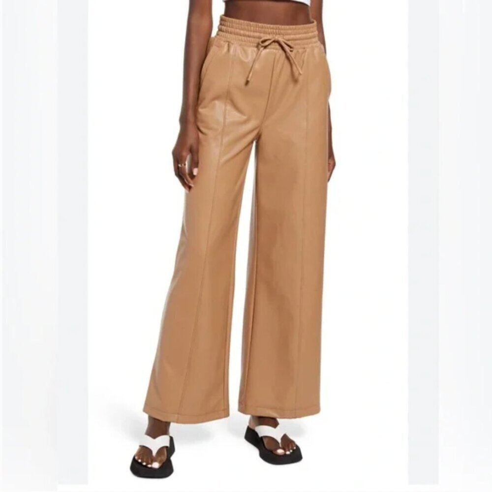 Open Edit Faux Leather Wide-Leg Pants — Camel Tan, Vegan Leather, Pull-On - Med